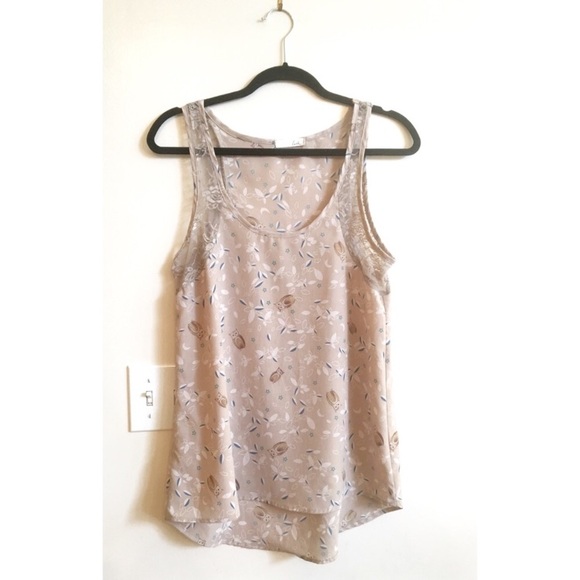 Lush Tops - Lush Medium Owl Print Tan Tank Lace Trim